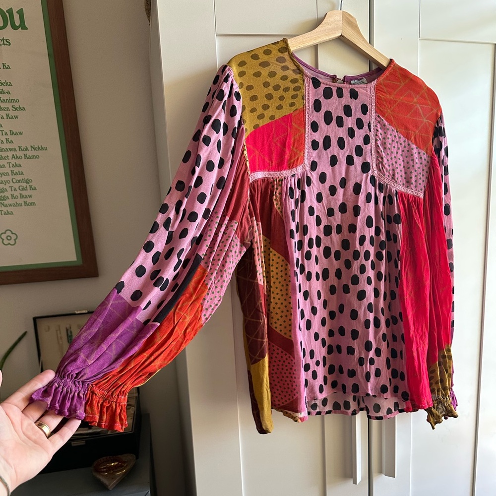 Anthropologie Pink Multi-Color Patchwork Polka Dot Blouse - Picture 7 of 7